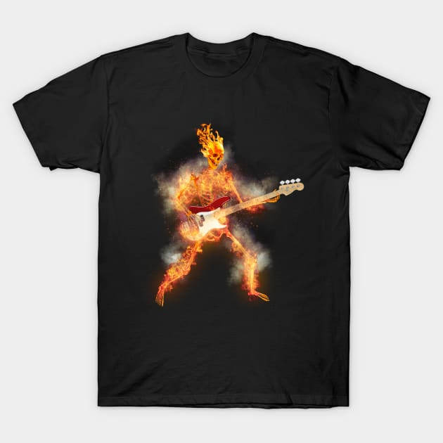 Flaming Skeleton Base Guitarist T-Shirt by Ratherkool